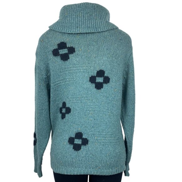 Chunky Knit Turquoise Sweater With Black Patterned Crosses & Cowl Neck Sz M/L - Picture 3 of 6